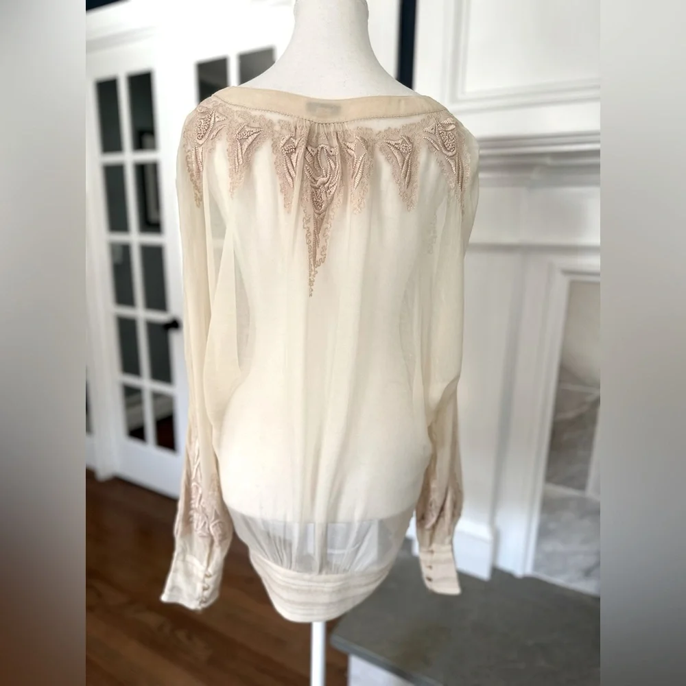 Anthropologie Long Sleeve Embroidered Blouse With Banded Waist, Cream: Size 4